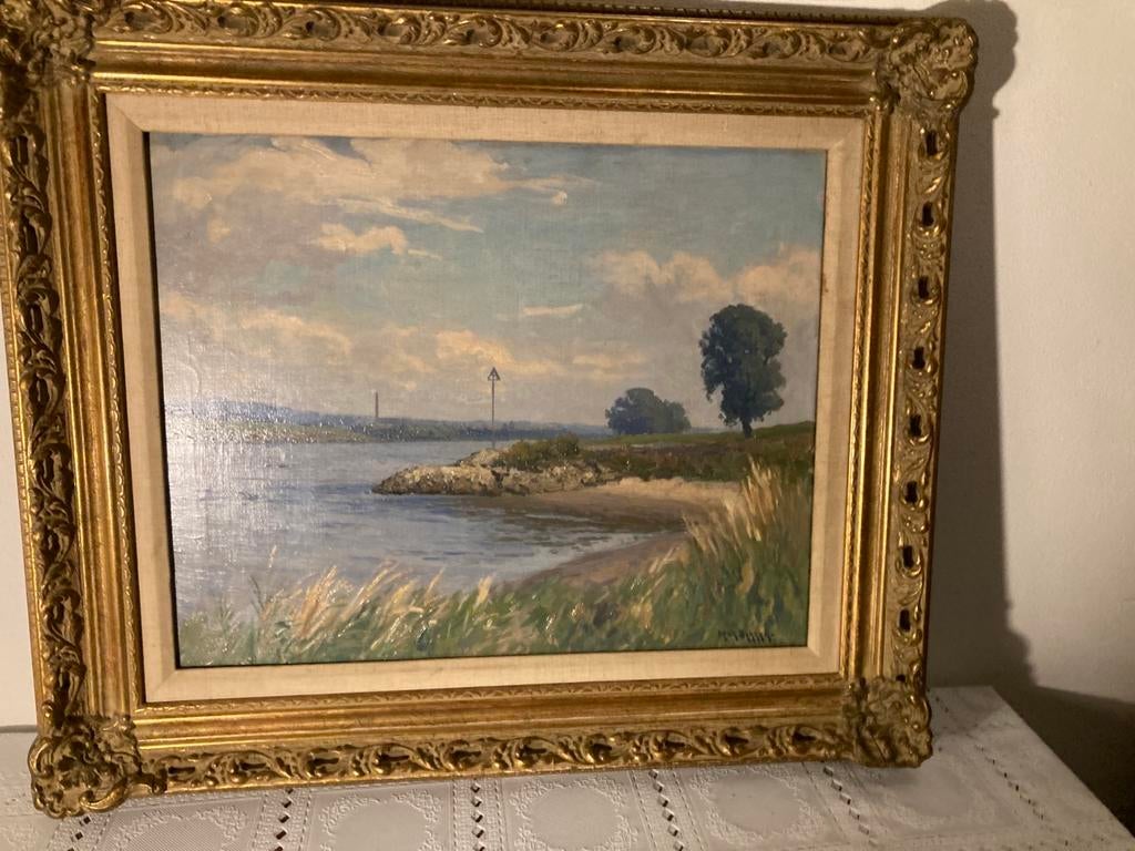 Schilderij van Henk Dekker - Landschap aan het water, Antiek en Kunst, Ophalen