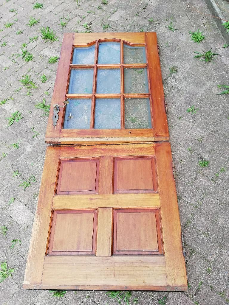 221hx88br Deur in 2 delen, bijzonder ge-etst glas incl klink, Ophalen, Gebruikt