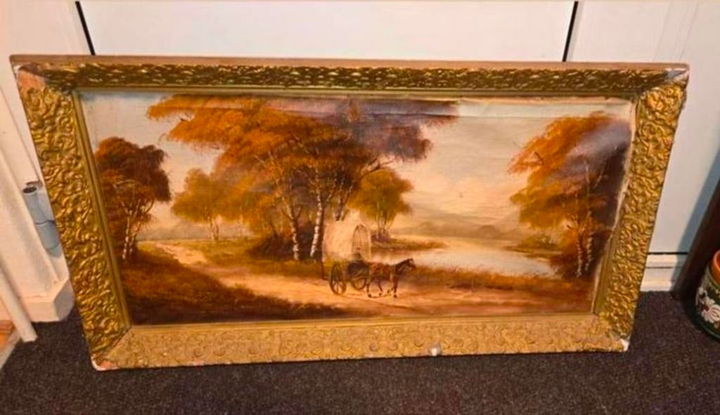 Gesigneerd oud olieverf schilderij landschap met bomen, Ophalen of Verzenden
