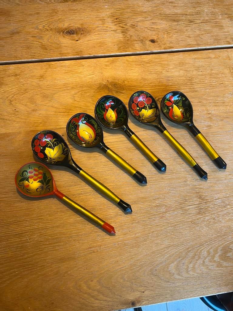 Houten Russische Laklepels - Khokhloma Stijl, Antiek en Kunst, Ophalen of Verzenden