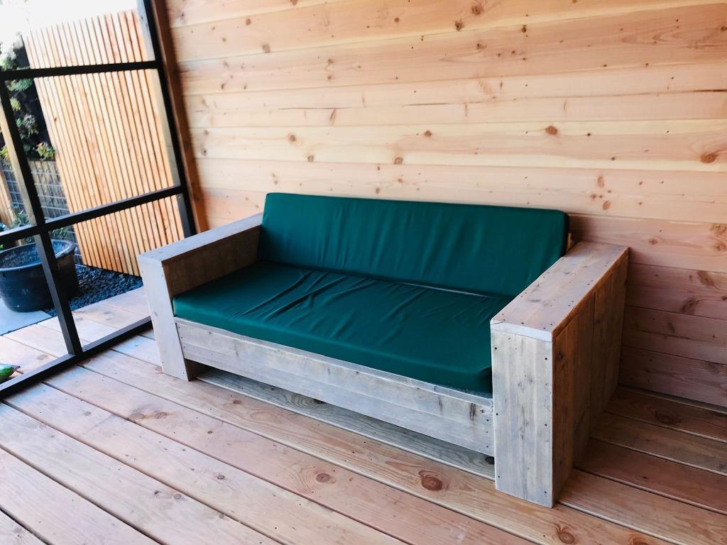 Steigerhout Loungebank Loungeset 12 cm dikke kussens, 5 zitplaatsen, Kunststof, Gebruikt, Verzenden