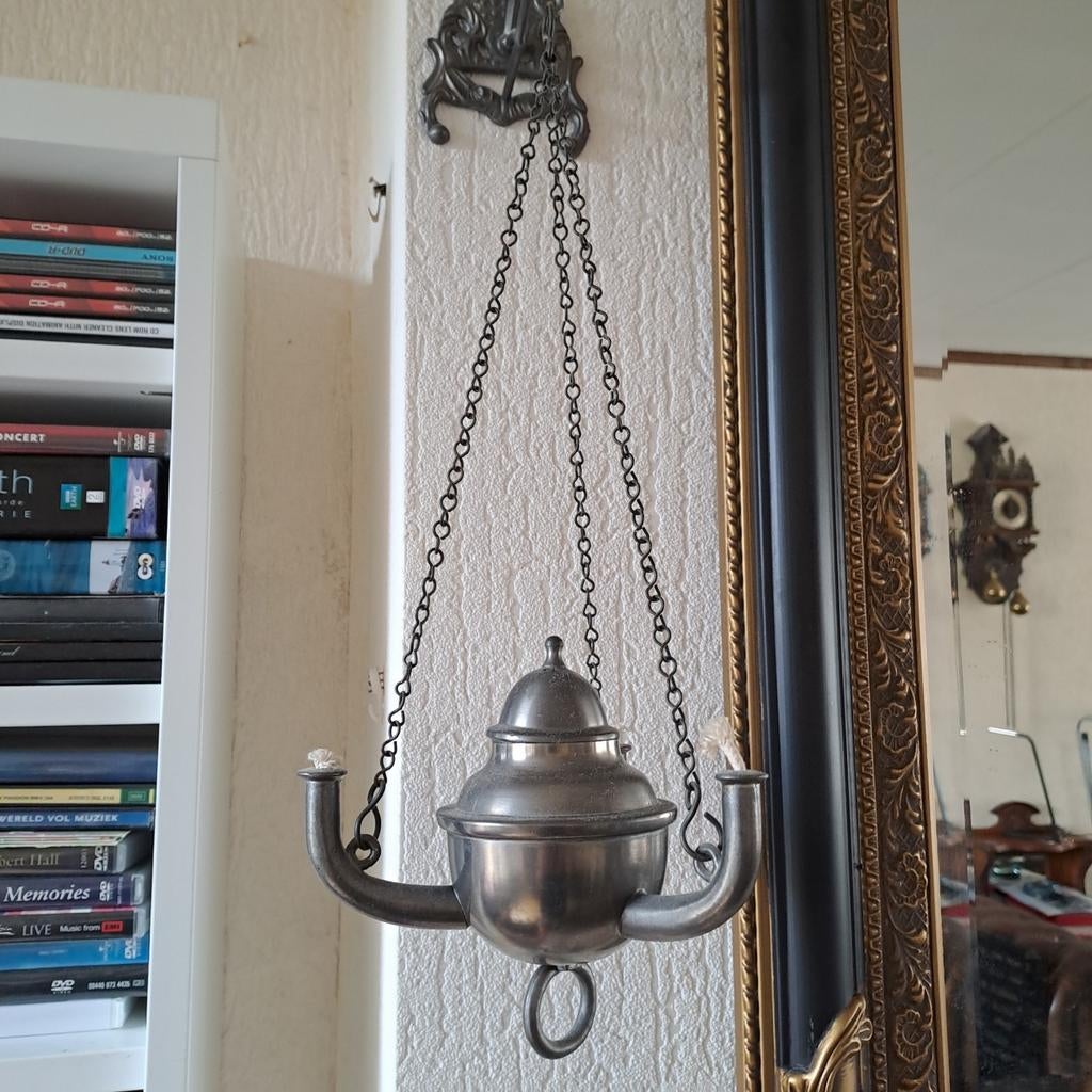 Tinnen 3 armige hang olielamp, Antiek en Kunst, Antiek | Lampen, Ophalen of Verzenden
