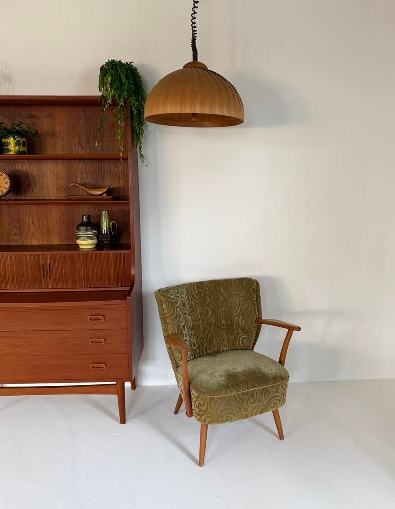 Vintage lamellen hanglamp, Hans Agne Jakobsson ‘60, Ophalen of Verzenden, Zo goed als nieuw, Hout, Vintage retro buisframe design rotan webbing papercord deens