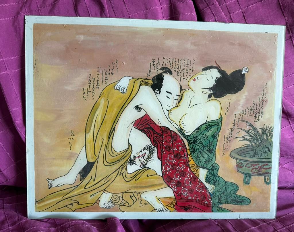 Japanse erotische glaspaneelschildering, Antiek en Kunst, Kunst | Schilderijen | Abstract, Ophalen