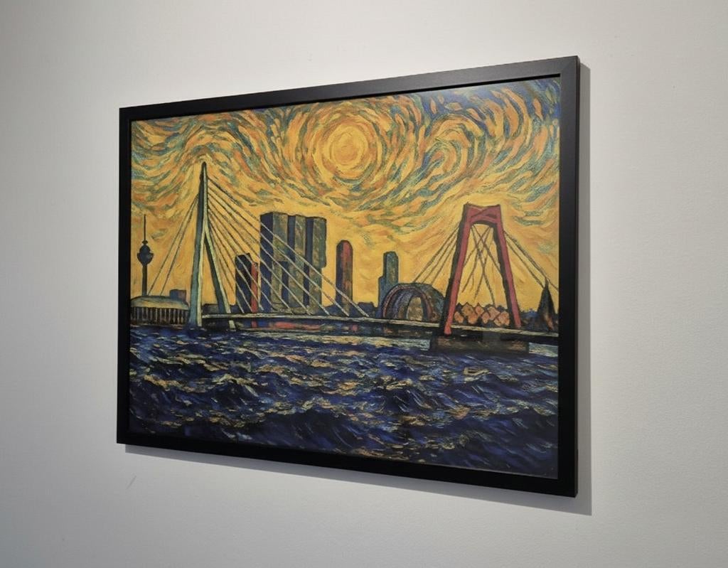 Rotterdam Skyline - Van Gogh Stijl - Ingelijst, Antiek en Kunst, Kunst | Schilderijen | Klassiek, Ophalen of Verzenden