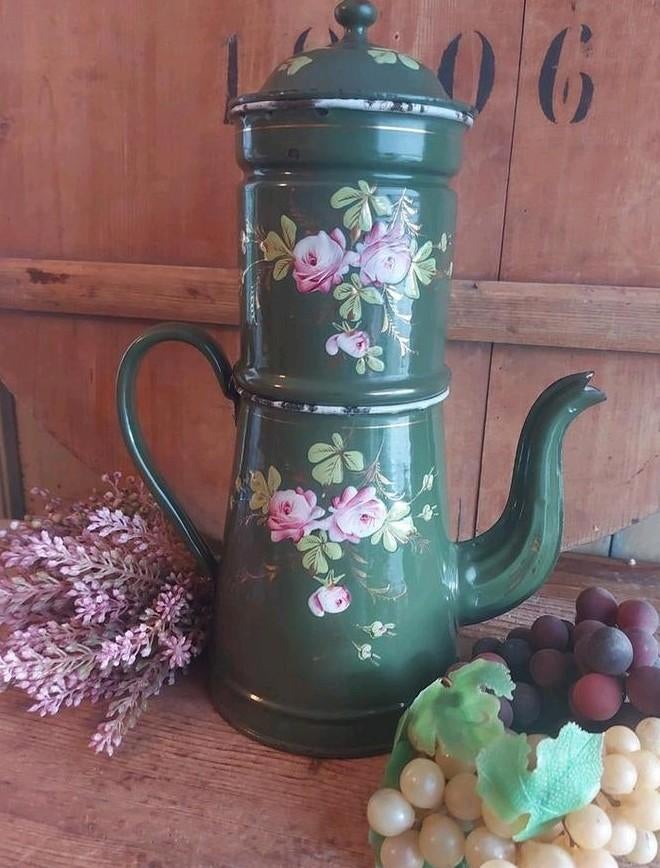 Antiek emaille cafetiere, koffiekan,groen, opgelegde bloemen, Antiek en Kunst, Ophalen of Verzenden