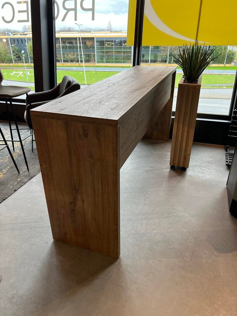Showroom Halfhoge Bartafel/Bureau- Beige Houtlook, 210cm, Huis en Inrichting, Kunststof, 200 cm of meer, Zo goed als nieuw, Vijf personen of meer