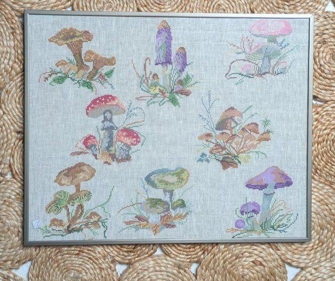 Vintage ingelijst geborduurd schilderij paddenstoelen, Ophalen of Verzenden, Zo goed als nieuw, Schilderij, Minder dan 50 cm