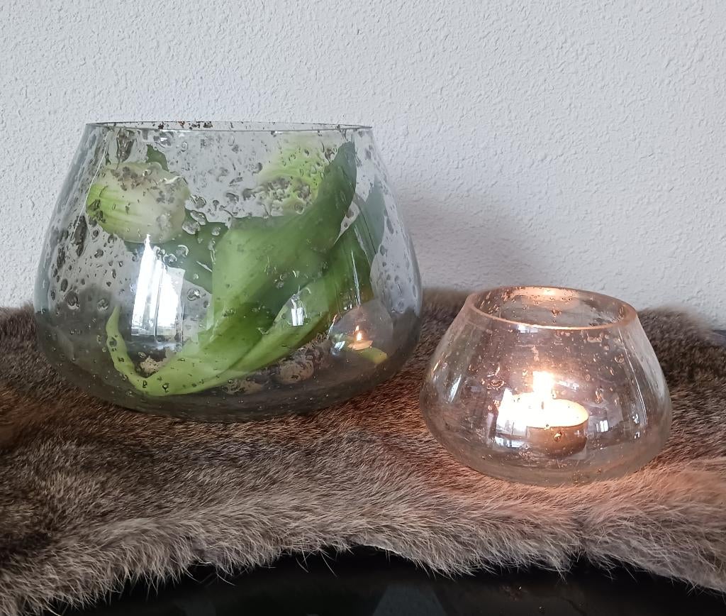 Windlicht transparant glas met metal chips, Huis en Inrichting, Woonaccessoires | Kandelaars en Kaarsen, Ophalen, Overige materialen