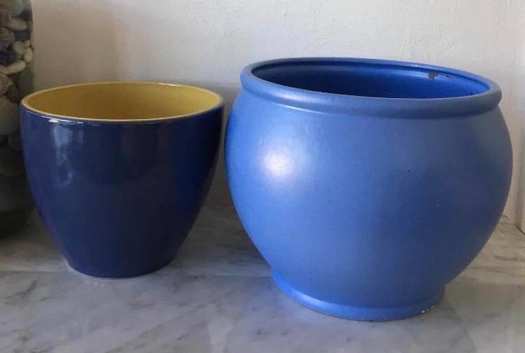 Prachtige vintage West-Germany bloempotten blauw geglazuurd, 25 tot 40 cm, Rond, Binnen, Ophalen of Verzenden