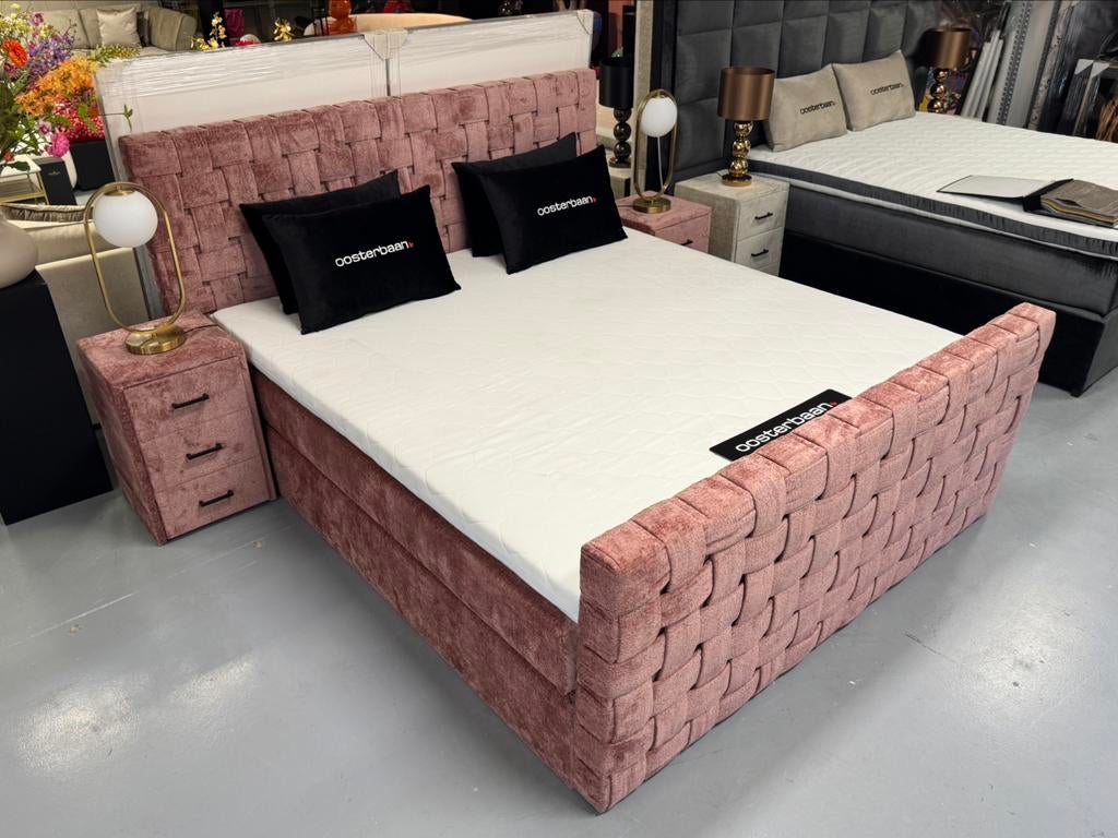 Luxe Velvet Teddy Boxspring Braid 180x200cm Roze NEW Uniek, Overige kleuren, Info@oosterbaanwonen.nl, Venus 31 8448CE Heerenveen