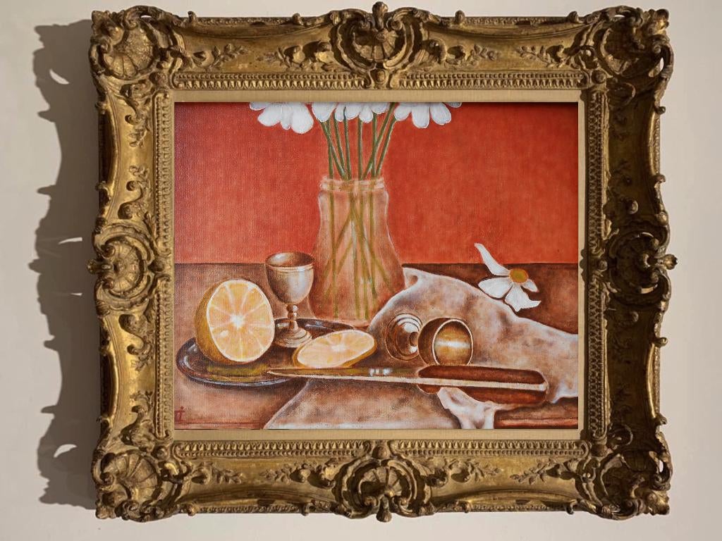 “Stilleven met citroen en bloemen” Schilderij, Verzenden