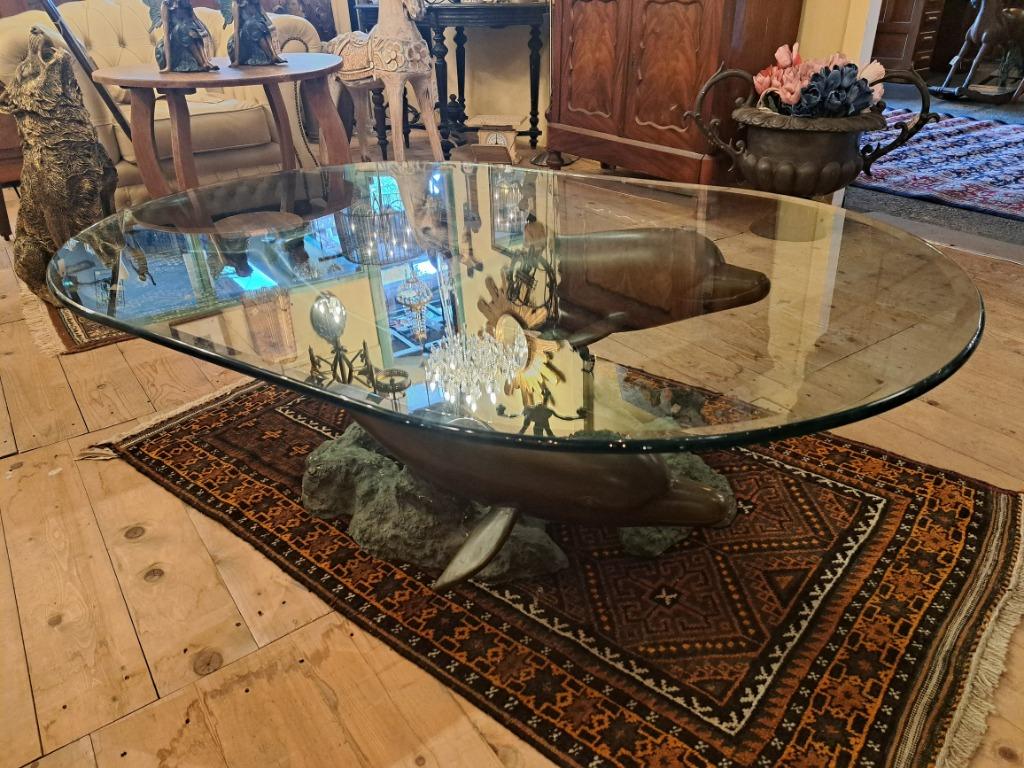 Design salontafel met 2 echte bronzen dolfijnen 155 x 105 cm, Ophalen, Gebruikt, 100 tot 150 cm, 50 tot 100 cm