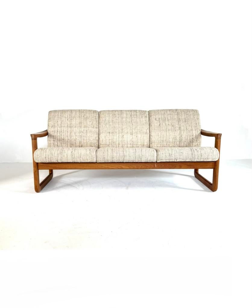 Vintage Deense 3-zits bank, CFC Silkeborg ‘90, Vintage retro buisframe design rotan webbing papercord deens, 150 tot 200 cm, Driepersoons
