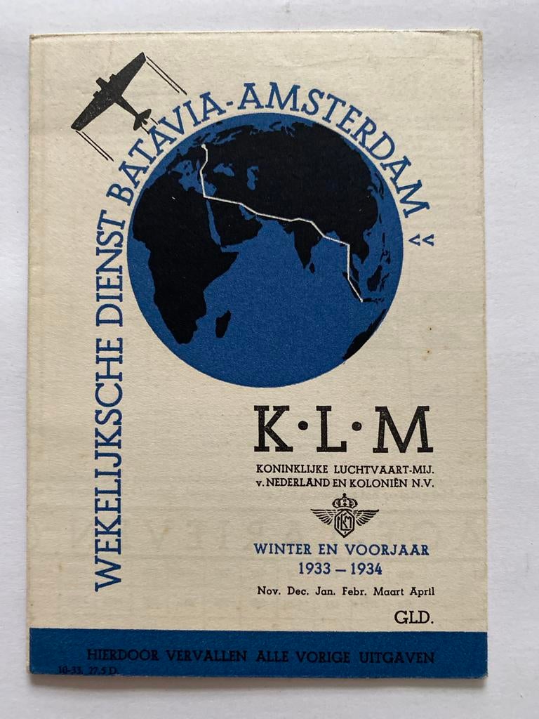 KLM Batavia-Amsterdam Winter 1933-1934 Folder, Ophalen of Verzenden, Gebruikt, Kaart, Foto of Prent