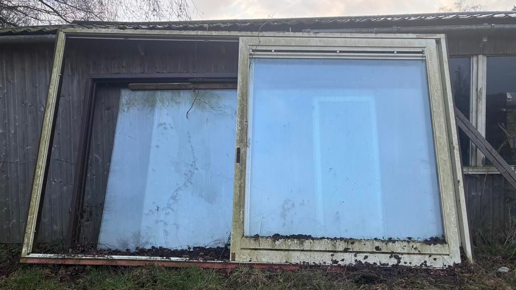 Partij grote ramen kozijnen glas voor kas schuur overkapping, Gevelraam of Ruit, Gebruikt, 160 cm of meer, 160 cm of meer