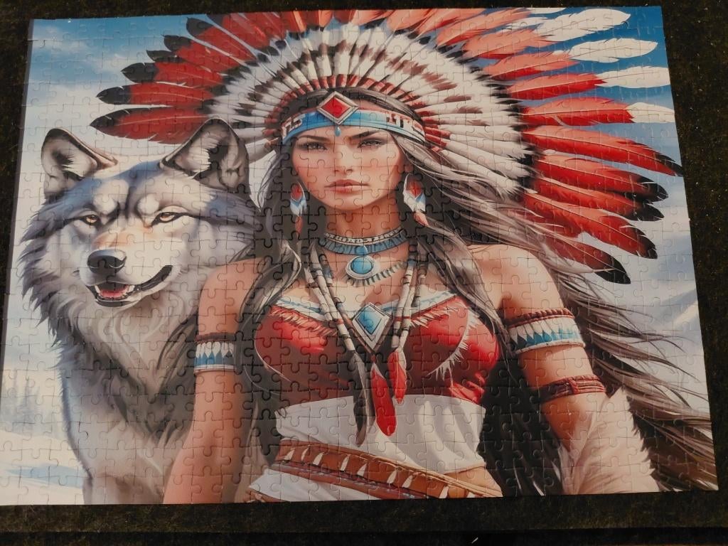 Mooie puzzel indiaans meisje met wolf, Ophalen of Verzenden, 500 t/m 1500 stukjes, Zo goed als nieuw, Legpuzzel