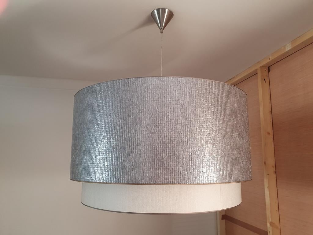 Duran Dubbele Hanglamp - Grijs & Beige Kap, Huis en Inrichting, Ophalen, Zo goed als nieuw, Minder dan 50 cm, Modern