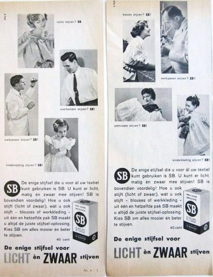 6 vintage advertenties reclames van SB stijfsel 1960, Verzamelen, Merken en Reclamevoorwerpen, Ophalen of Verzenden, Gebruikt