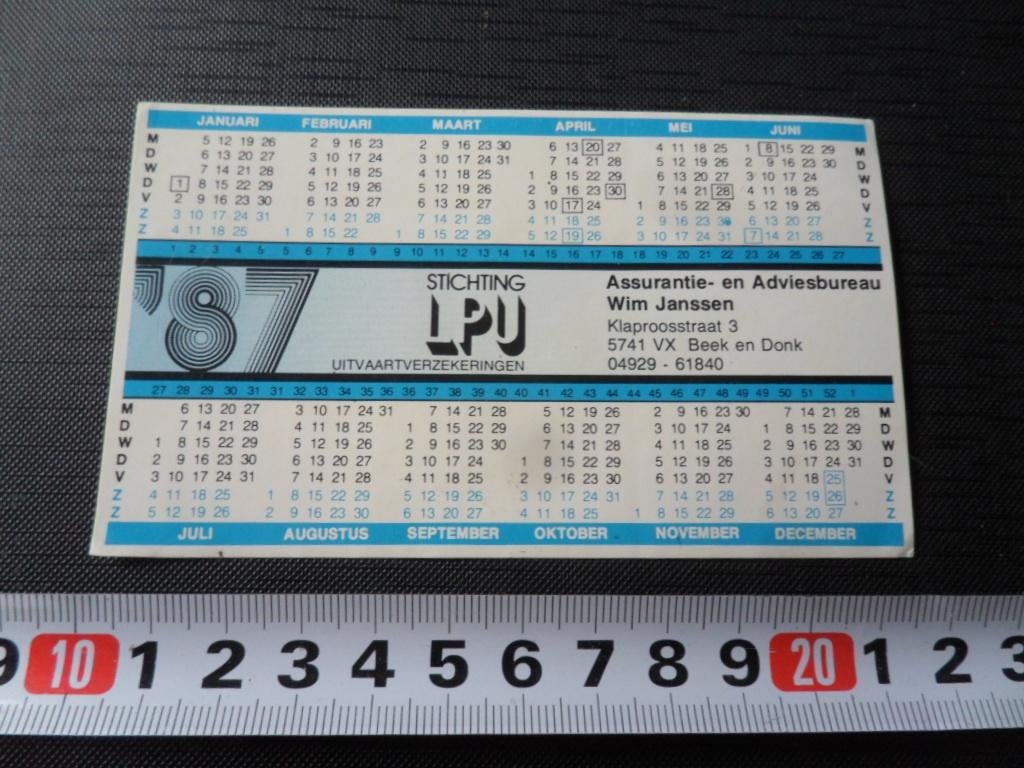 sticker kalender 1987 wim janssen beek en donk klaproosstr, Ophalen, Zo goed als nieuw