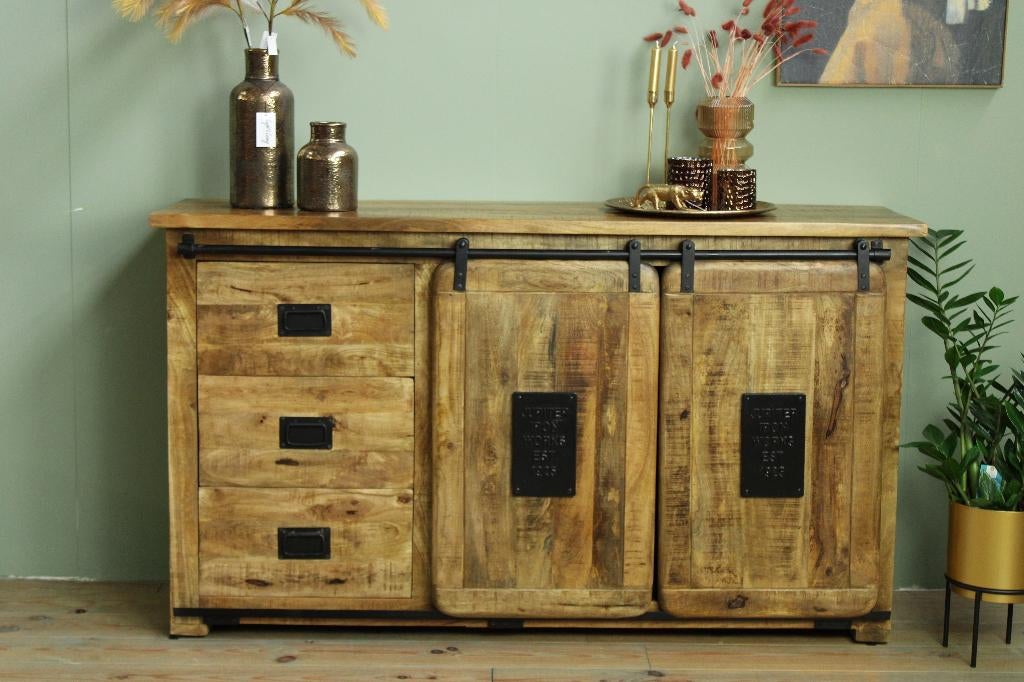 Dressoir India, 3 lades en 2 deuren, Overige houtsoorten, 150 tot 200 cm, Nieuw, Ophalen of Verzenden