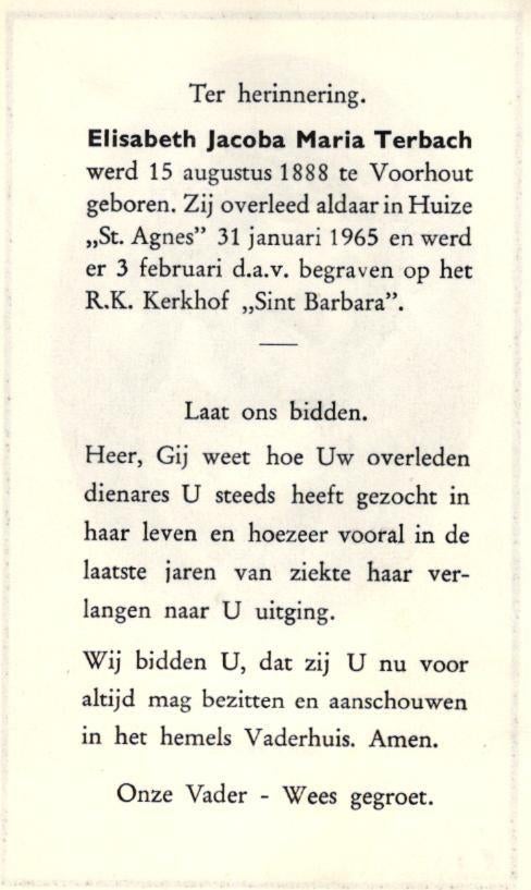Terbach Elisabeth Jacoba Maria 1888-1965 Voorhout, Ophalen of Verzenden