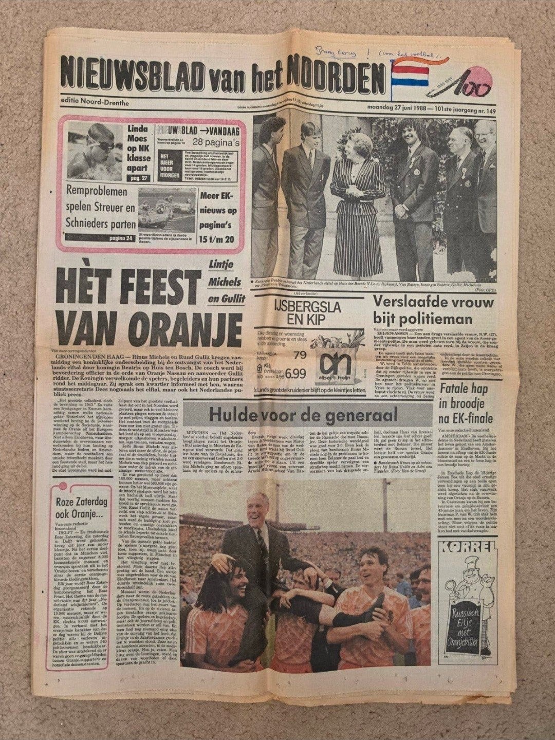 Nieuwsblad van het Noorden - EK 1988 Oranje Kampioen, Verzenden, Gebruikt, Overige binnenlandse clubs, Boek of Tijdschrift