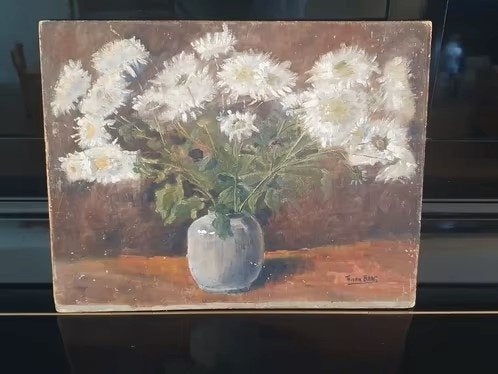 schilderij vaas met chrysanten Th. van Baar, Antiek en Kunst, Ophalen