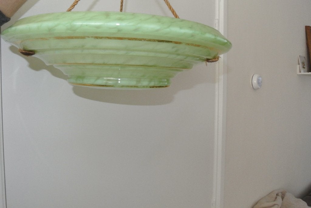 Antieke hanglamp Schaallamp groen clichy glass Frans, Ophalen, Gebruikt, Glas, Minder dan 50 cm