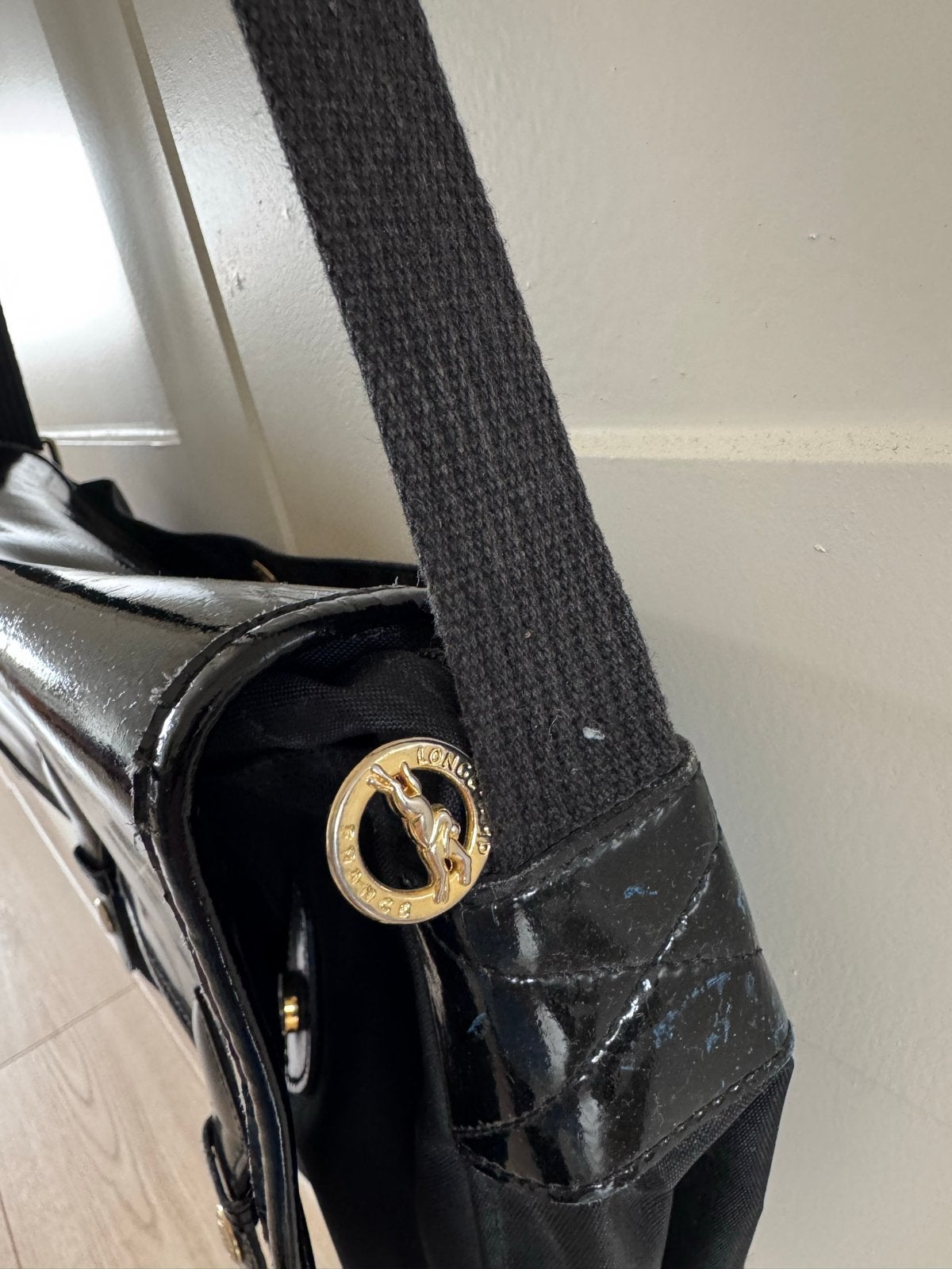 Longchamp Schoudertasje Zwart Lakleer/Nylon, Sieraden, Tassen en Uiterlijk, Ophalen, Gebruikt, Zwart, Schoudertasje