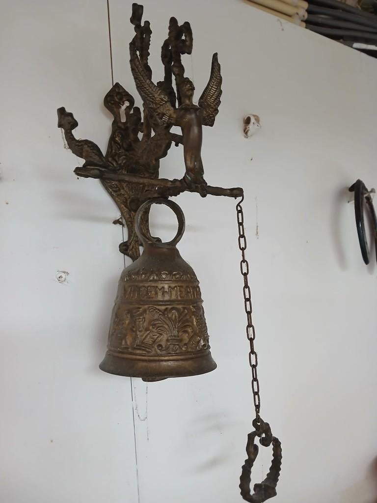 Antieke bronzen deurbel met engel en ketting, Ophalen, Gebruikt, Draadloos