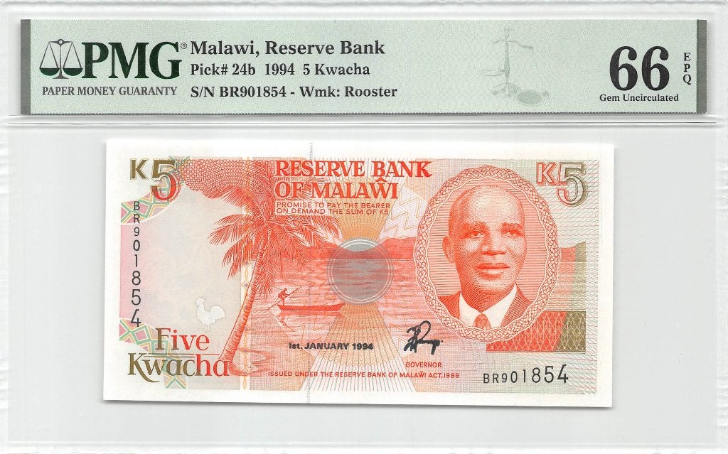 Malawi 5 Kwacha 1994 Unc PMG 66 EPQ -012, Ophalen of Verzenden, Overige landen, Los biljet