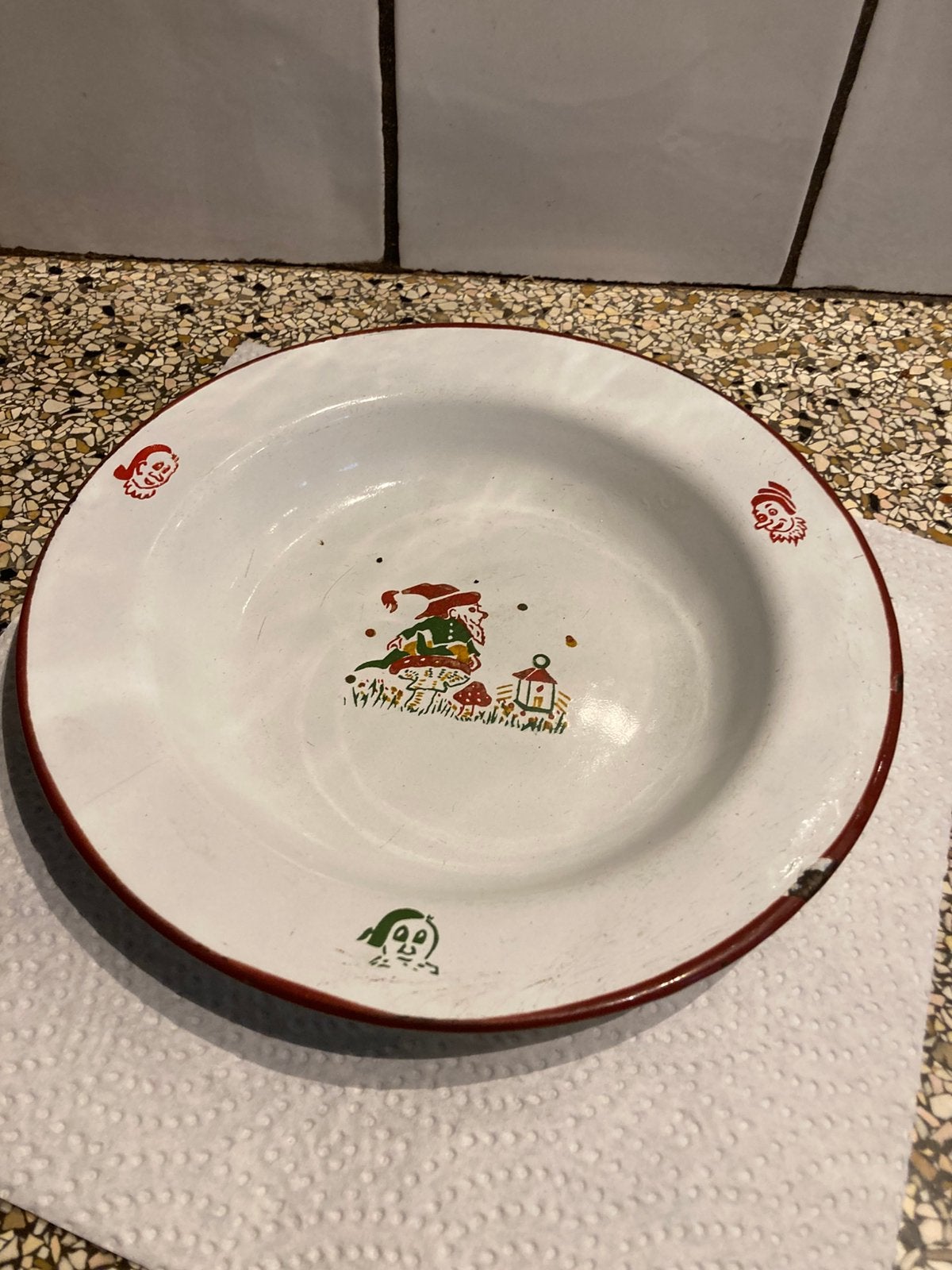 Oud emaille bord kabouter, Ophalen of Verzenden