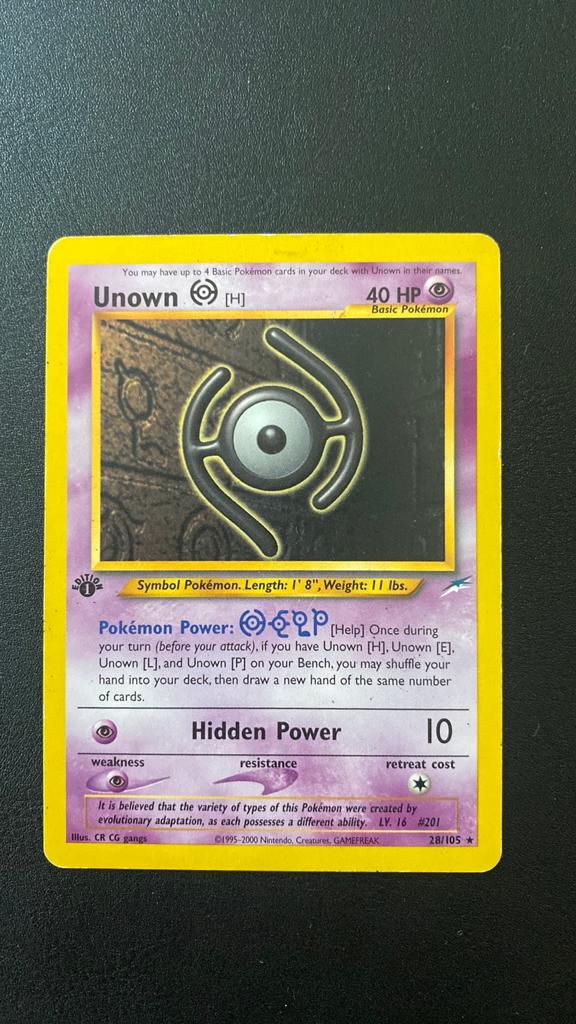 Pokemon unown H 1st edition 28/105 neo destiny, Ophalen of Verzenden, Gebruikt, Losse kaart