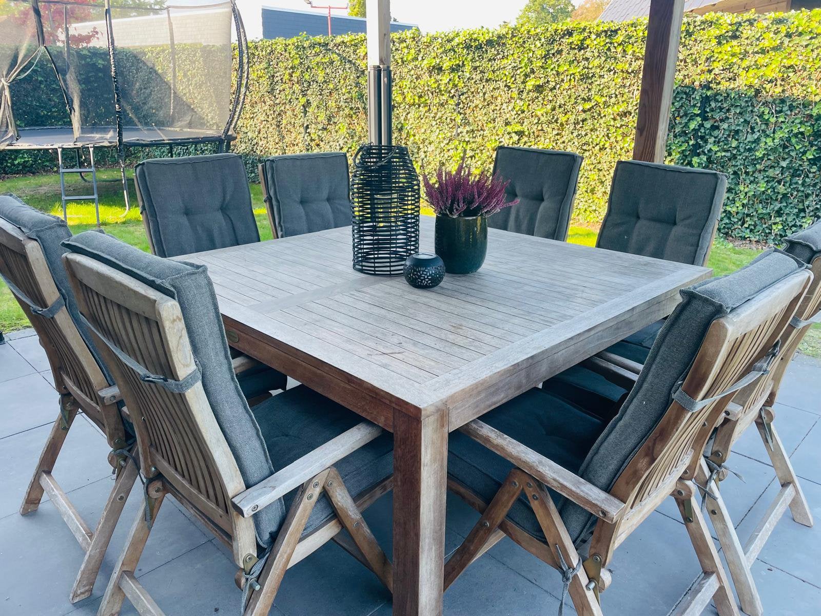 PUURTEAK tuintafel incl. Stoelen - Prima staat t.w.v. €999,-, Tuin en Terras, Ophalen, Zo goed als nieuw, Teakhout
