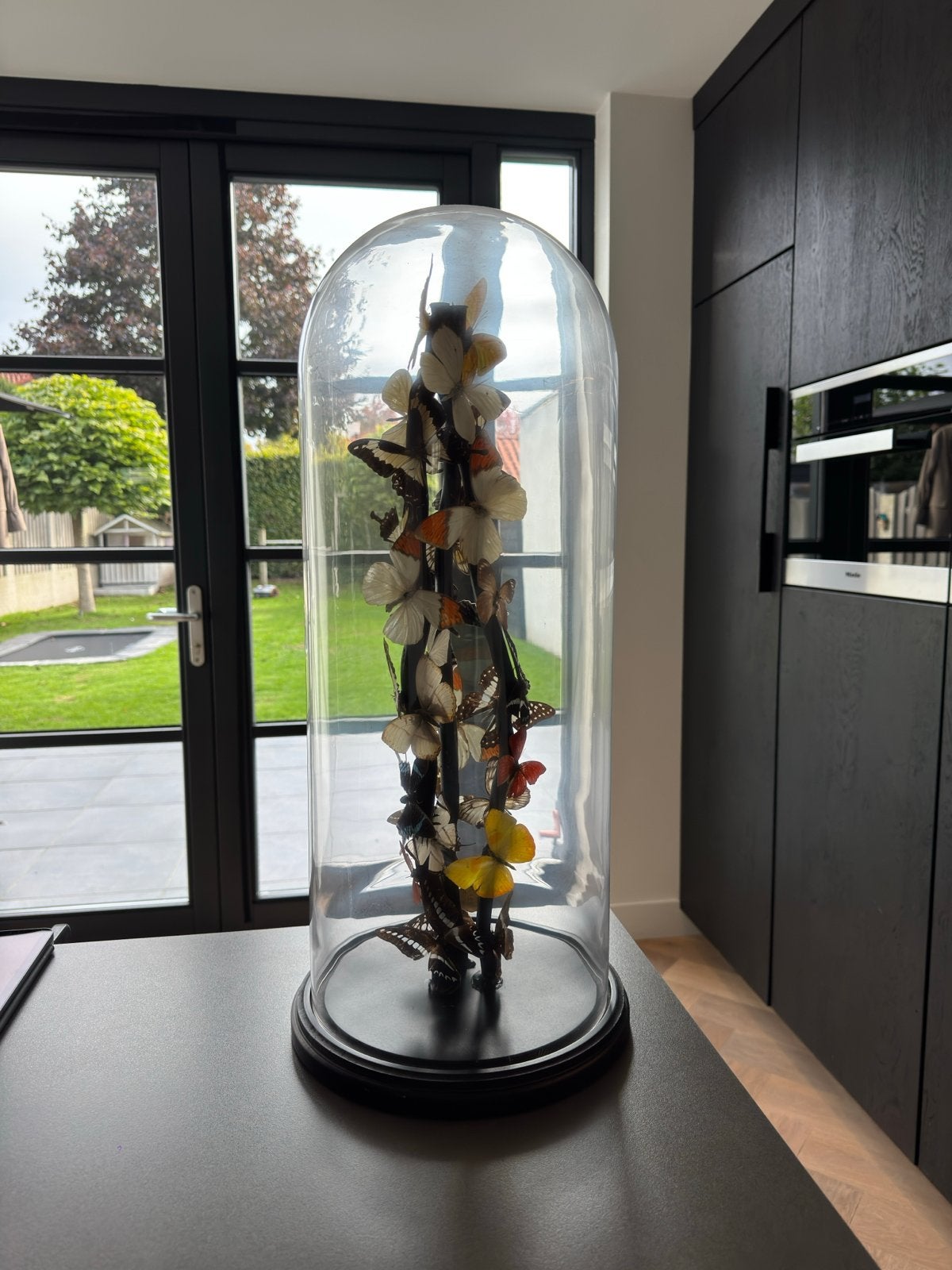 Grote stolp met vlinders - 60 cm hoog, Glas, Ophalen, Zo goed als nieuw, Inclusief decoratie
