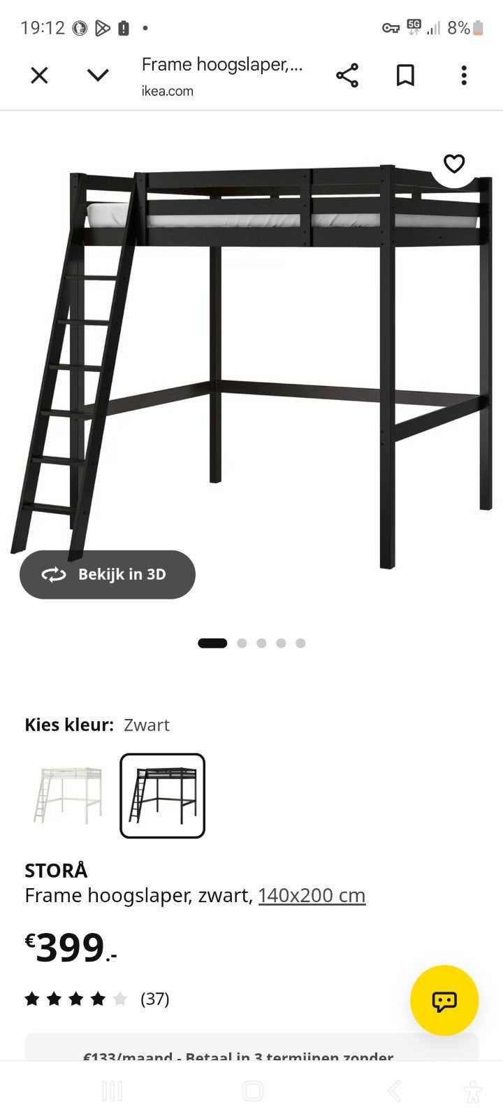 IKEA STORÅ Hoogslaper Zwart met Aangepaste Trap, Ophalen, Hoogslaper, Tweepersoons, 140 cm