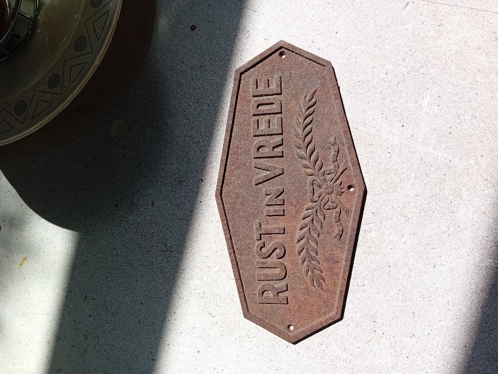 antiek grafzerk- grafsteenbordje, rust in vrede, Ophalen of Verzenden, Gebruikt