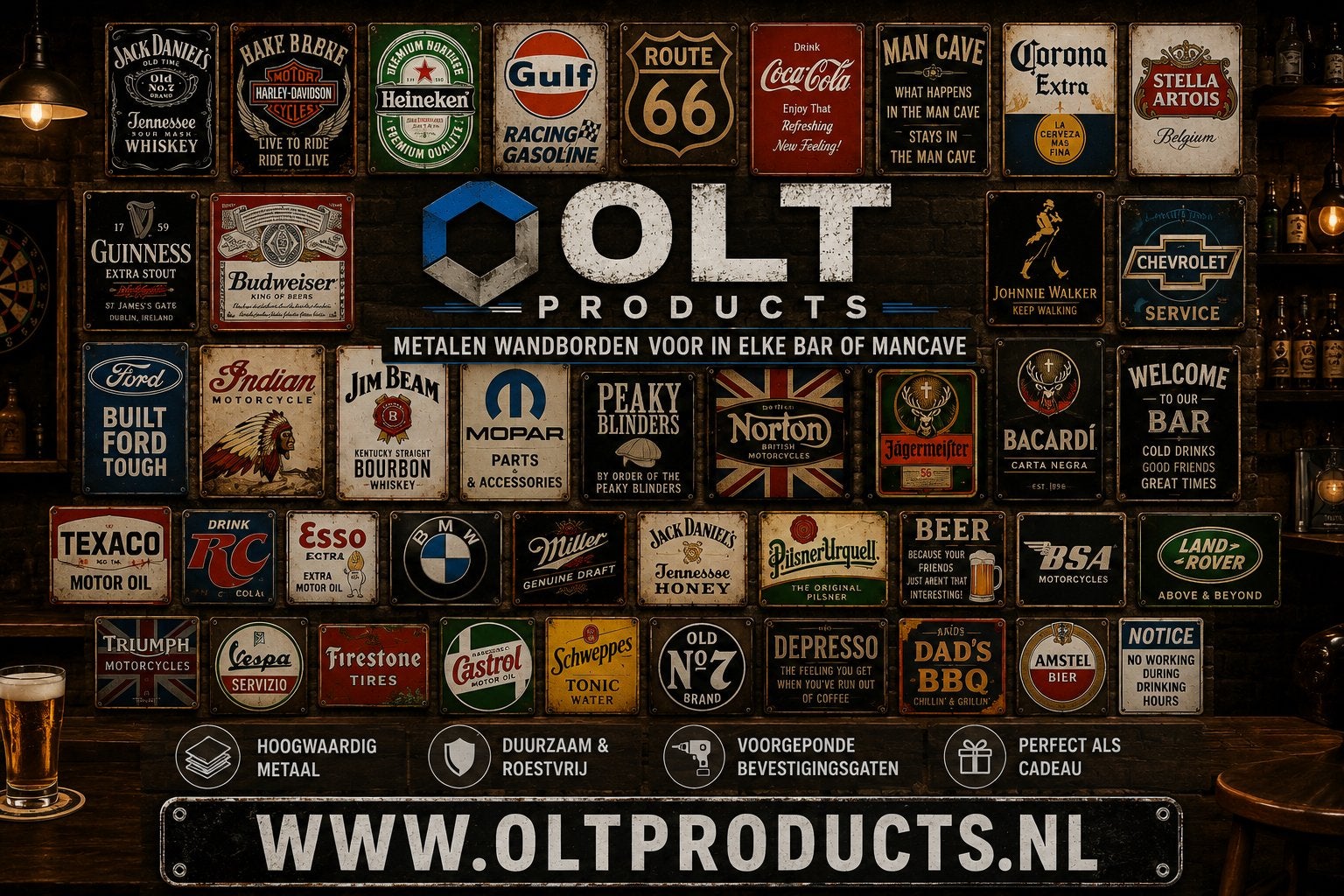 Metalen Wandborden voor Bar of Mancave - OLT Products, Ophalen, Metaal, Elspeet, John