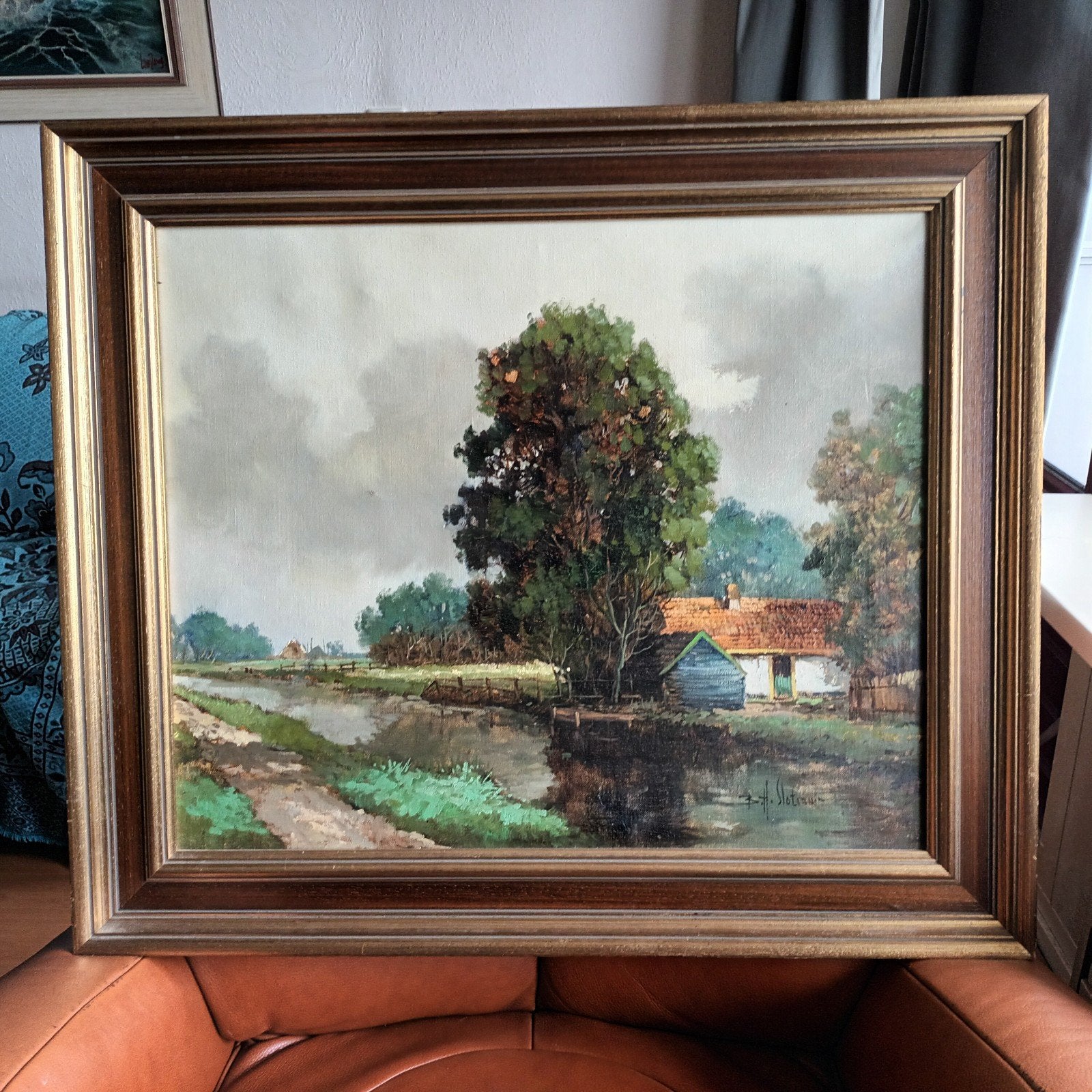 Hollands landschap, boerderij aan water, olieverf op doek, Antiek en Kunst, Kunst | Schilderijen | Klassiek, Ophalen of Verzenden