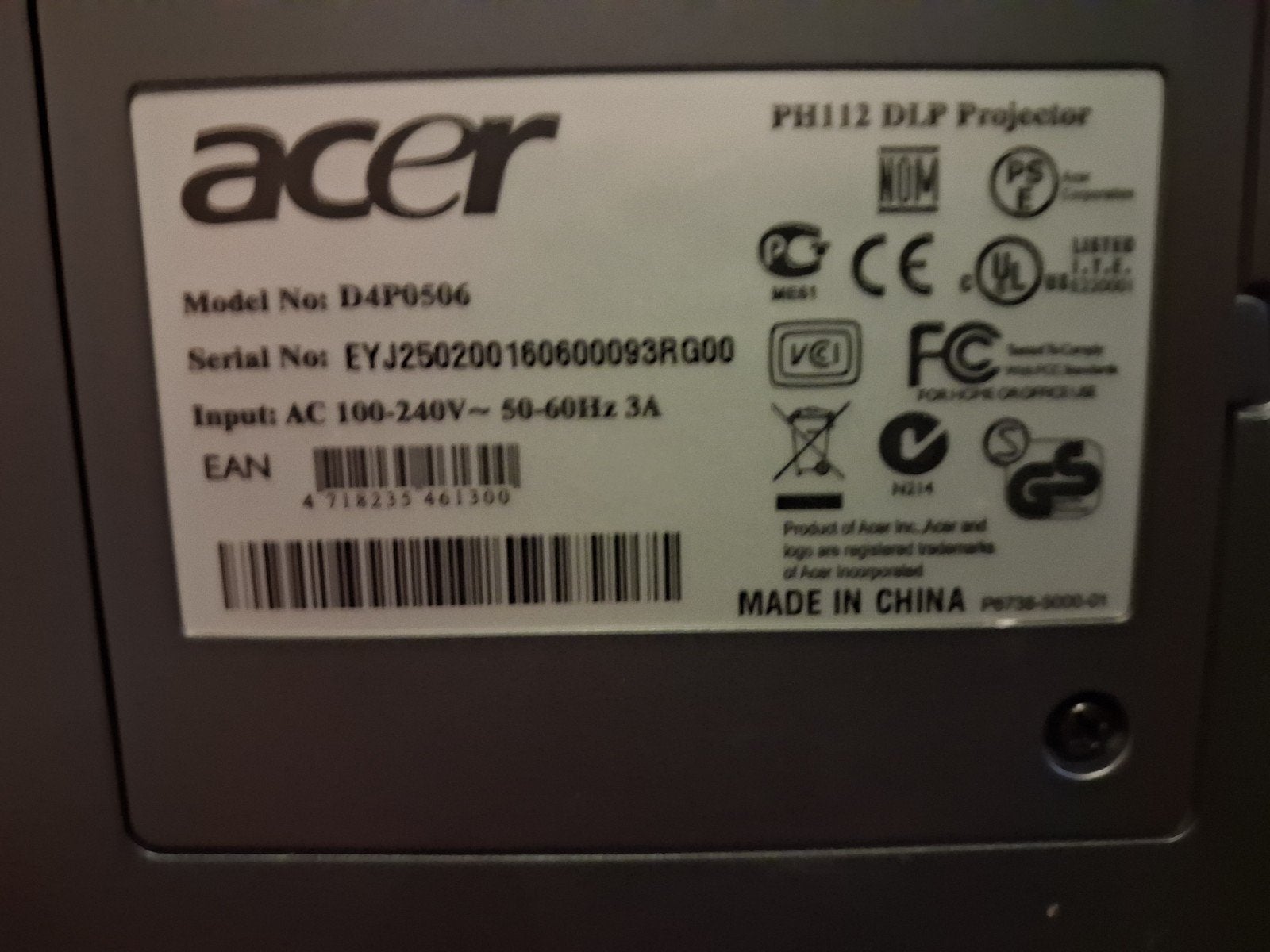 Acer PH112 DLP Projector - Model D4P0506, Gebruikt, Ophalen of Verzenden, DLP, Overige resoluties