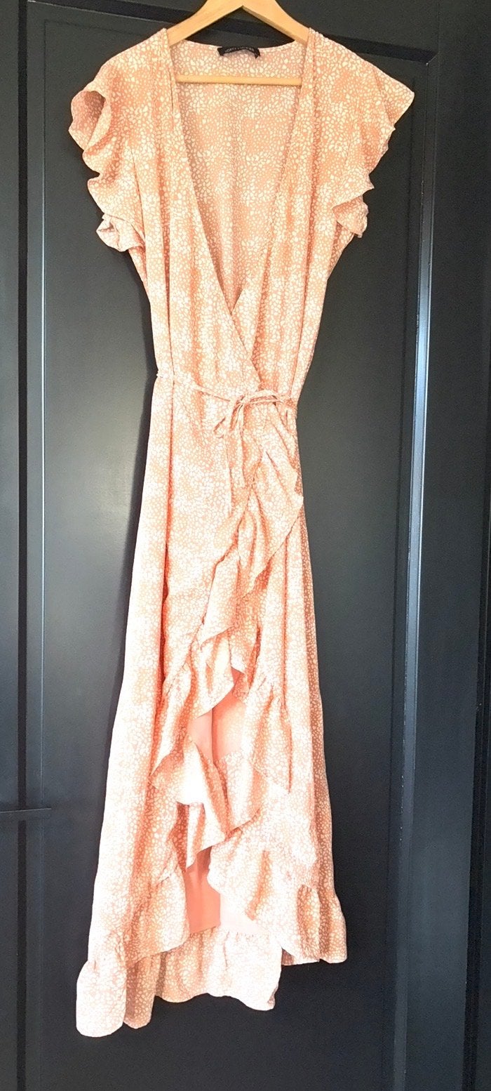 Lofty Manner Maxi Jurk met Ruches en Print mt L, Kleding | Dames, Jurken, Maat 42/44 (L), Oranje, Ophalen of Verzenden, Zo goed als nieuw