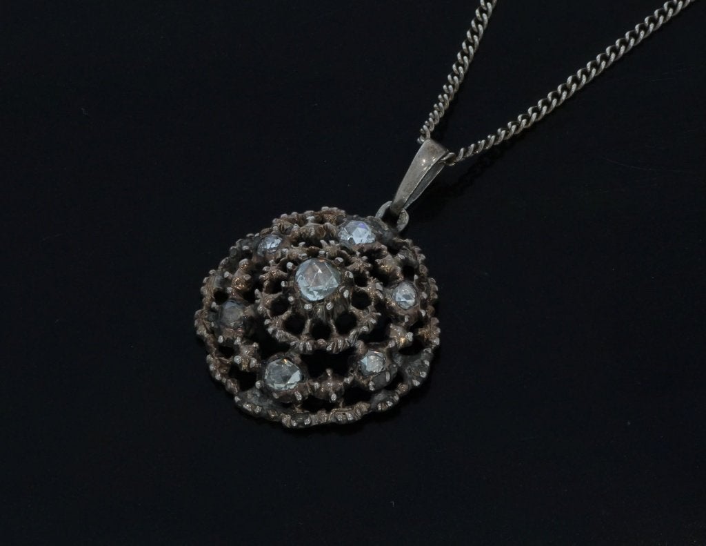 Diamanten antieke hanger zilveren gourmet ketting dame retro, Verzenden, Zilver, Ketting, Met edelsteen