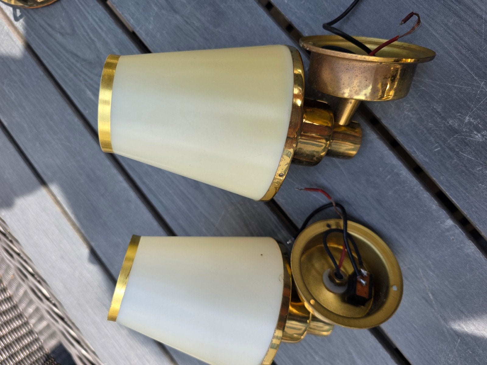 Set van 2 vintage messing wandlampen met glazen kap, Ophalen, Gebruikt, Overige fittingen, Wandlamp