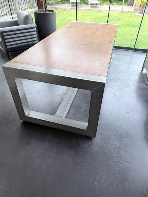 Tafel roestvrijstalen frame + hardhouten bald, Huis en Inrichting, Tafels | Eettafels, 200 cm of meer, 50 tot 100 cm, Zo goed als nieuw