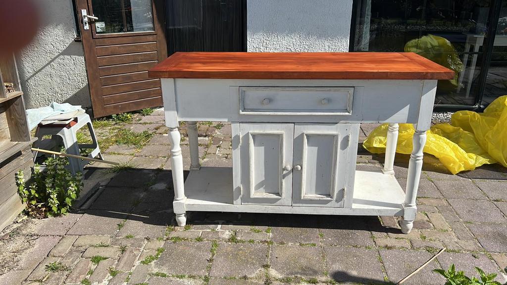 brocante keukeneiland werktafel sidetable met houten blad, Ophalen, Gebruikt, 50 tot 75 cm, Rechthoekig