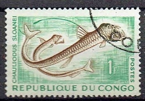 Congo 1961 Tropische vis Diepzeevis Slangetandvis, Verzenden, Gestempeld, Dier of Natuur