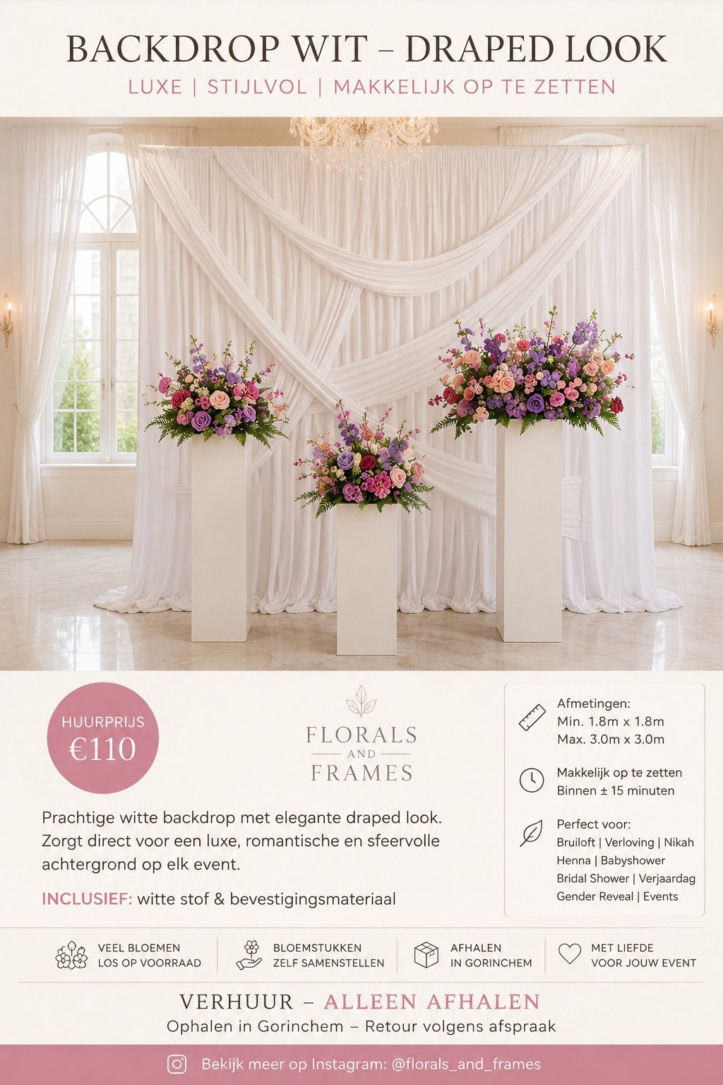 Witte drape backdrop huren | Bruiloft | Henna | Babyshower, Ophalen, Zo goed als nieuw, Geboorte of Huwelijk