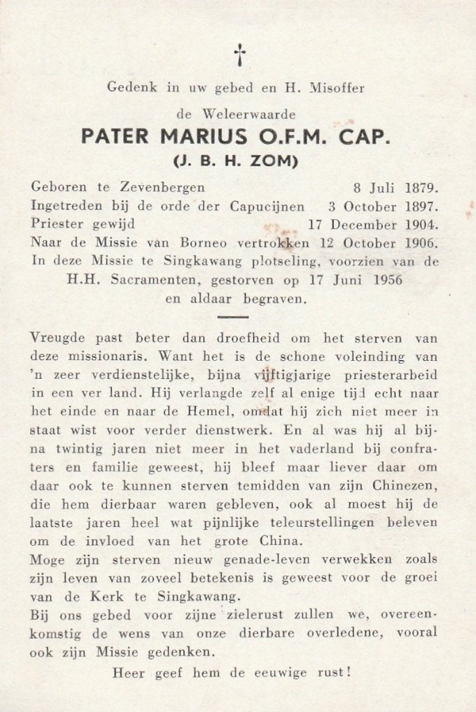 pater zom-zevenbergen-borneo 1956, Ophalen of Verzenden, Bidprentje