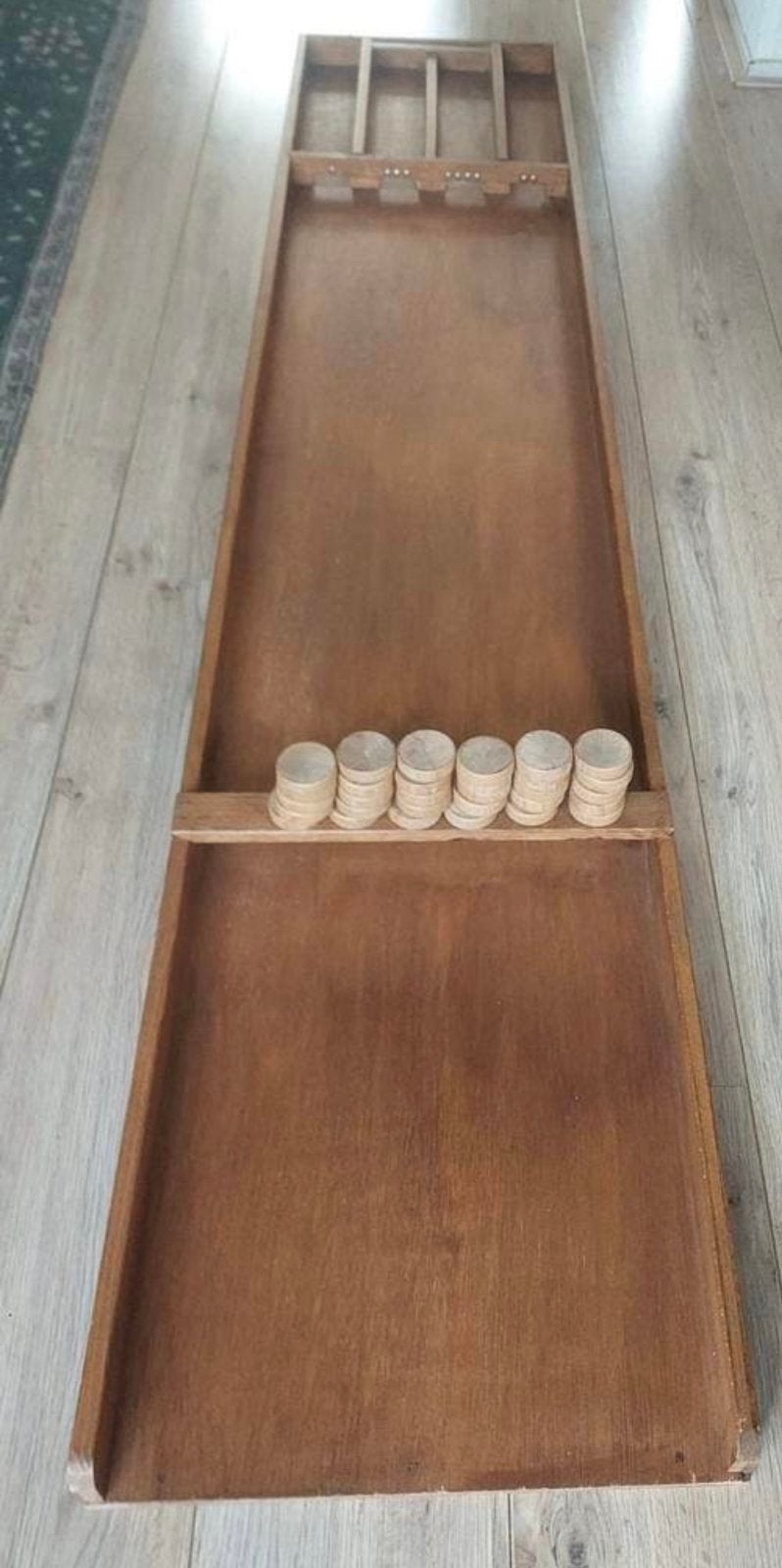 Prachtige houten sjoelbak 200 x 40 cm incl 30 sjoelstenen, Ophalen, Zo goed als nieuw